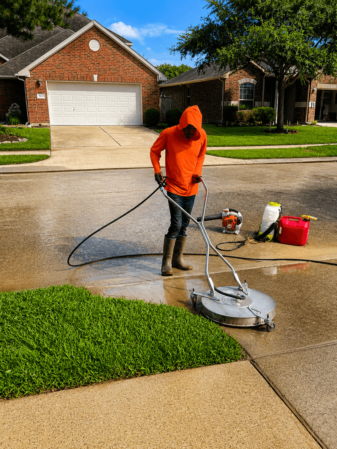 Surface cleaner pressure washing a residential driveway in Houston TX